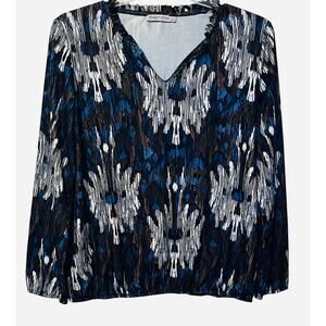 DREAMSTAR LONG SLEEVE V-NECK TOP, WOMENS, XL, NAVY BLUE BROWN WHITE ABSTRACT